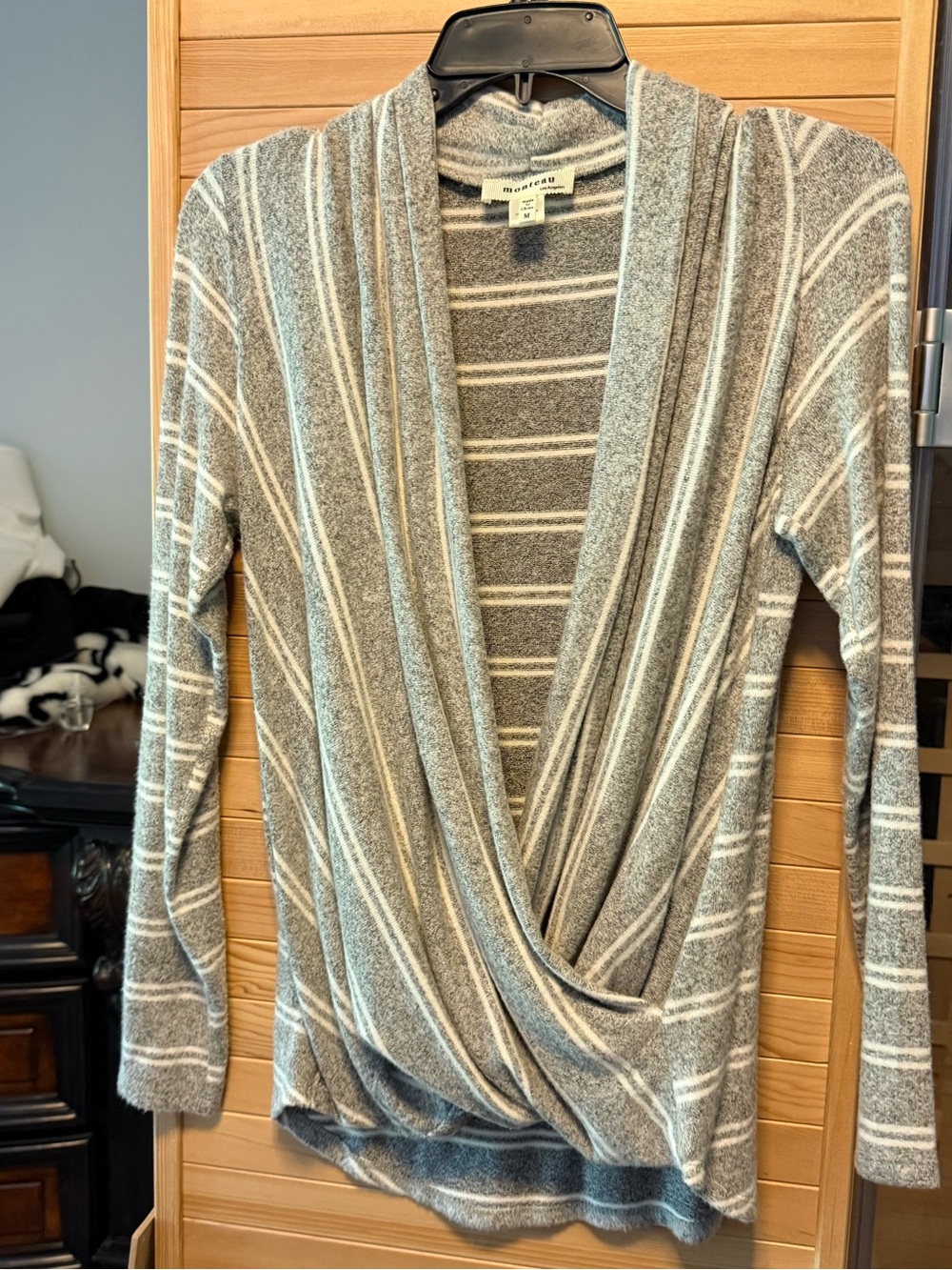 Monteau Gray and White Striped Draped Wrap-Front Cardigan